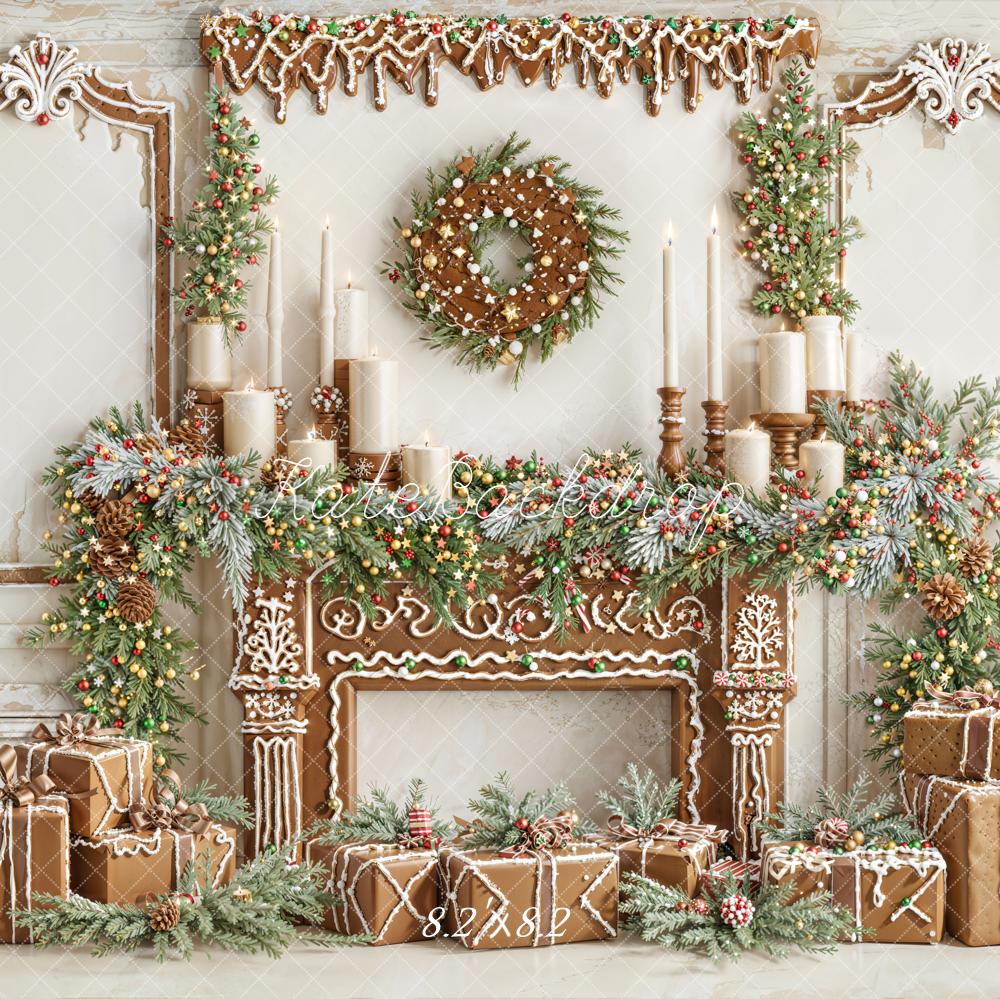 Kate Christmas Gingerbread Fireplace Garland Gifts Wreath Backdrop Designed by Emetselch