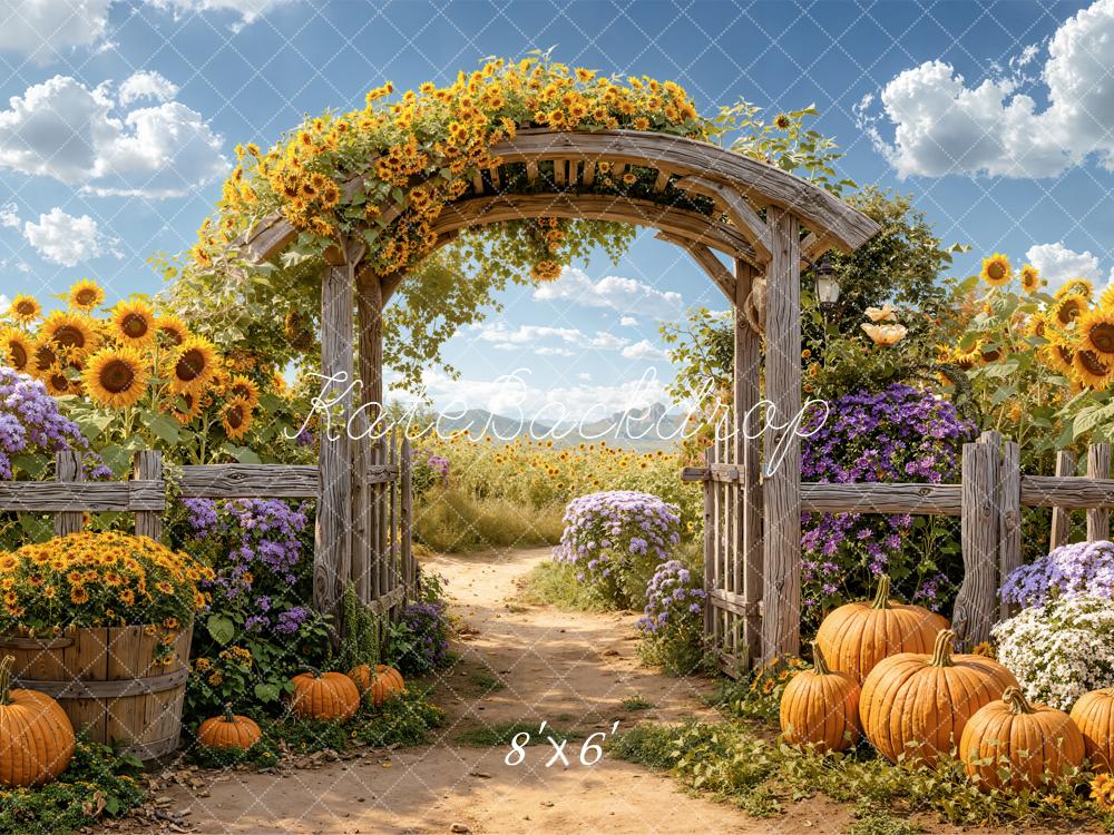 Kate Fall Flower Arch Sunflowers Field Pumpkins Rustic Backdrop Designed by Emetselch