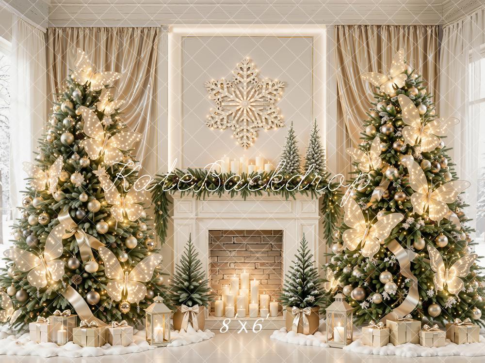 Kate Christmas Trees Butterfly Lights Fireplace Snowflake Printed Backdrop Designed by Emetselch