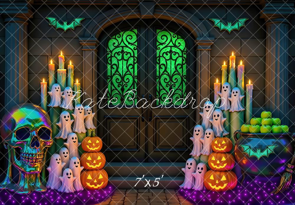 Kate Halloween Door Neon Ghosts Pumpkins Candles Skull Green Printed Backdrop Designed by Mini MakeBelieve