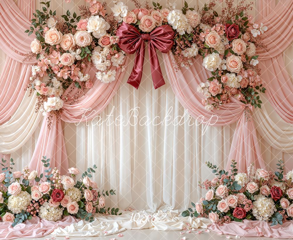 Kate Mother's Day Flower Arch Pink Drapes Roses Bow Printed Backdrop Designed by Emetselch