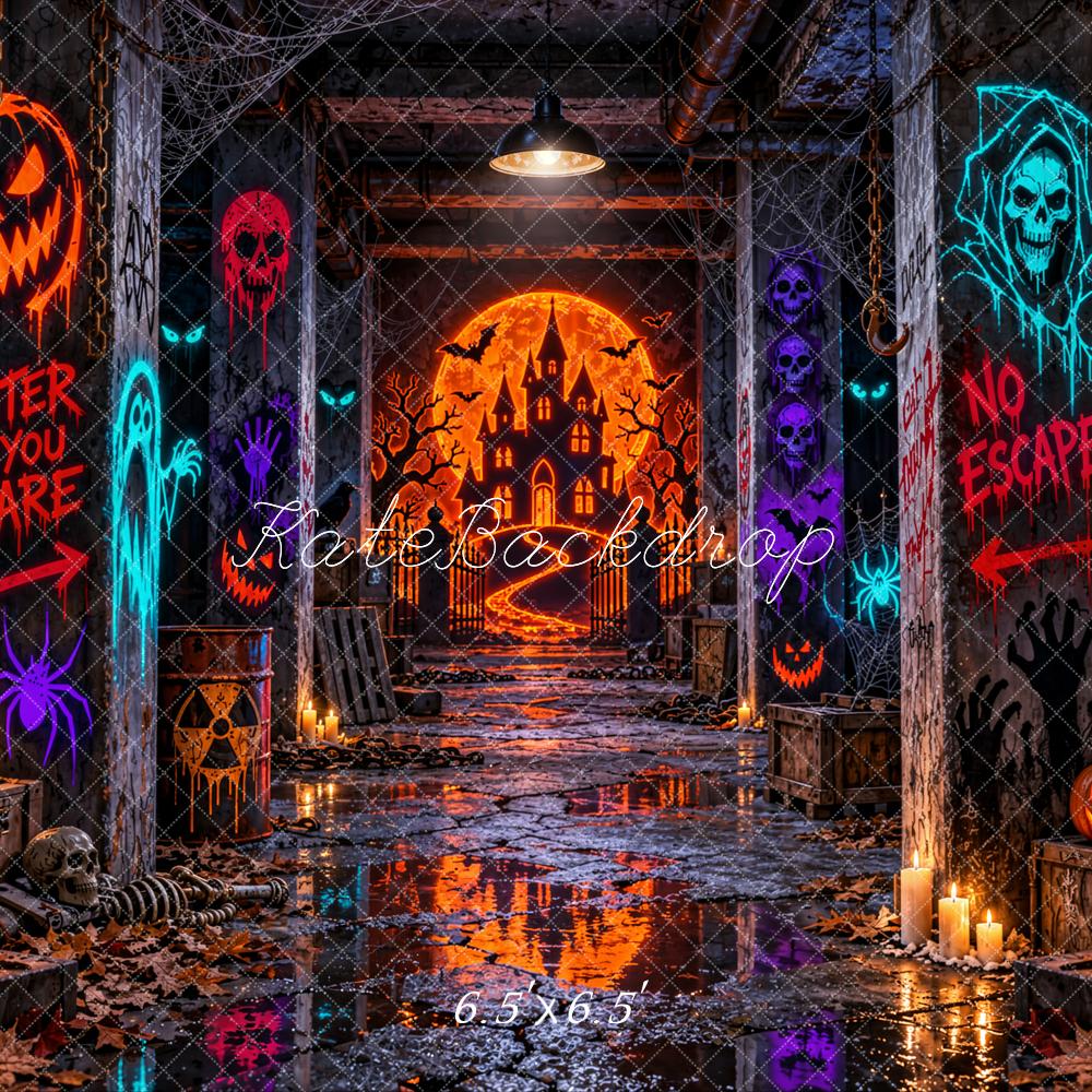 Kate Halloween Haunted Castle Hallway Pumpkins Printed Backdrop Designed by Emetselch