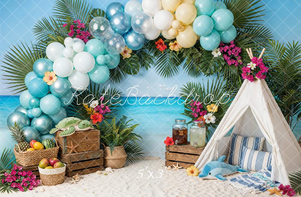 Kate Summer Beach Balloon Arch Tent Palm Leaves Backdrop Designed by Emetselch