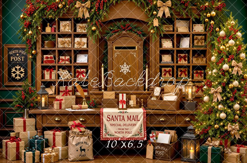 Kate Christmas Post Office Gifts Tree Shelves Printed Backdrop Designed by Mini MakeBelieve