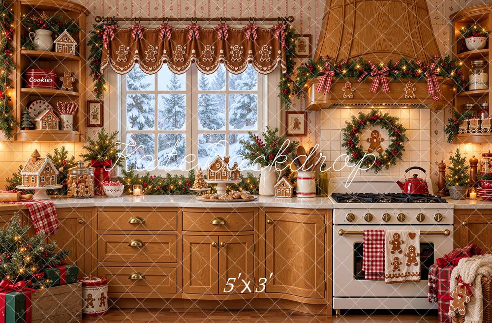 Kate Christmas Brown Gingerbread Kitchen Cabinet Window Printed Backdrop Designed by Shutter Swan Studios