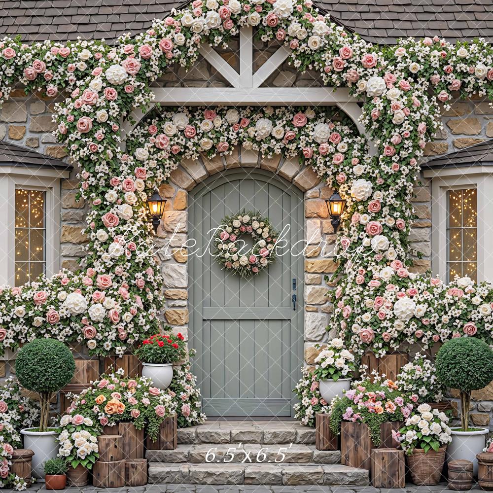 Kate Spring Flower Arch Stone Cottage Door Printed Backdrop Designed by Mini MakeBelieve