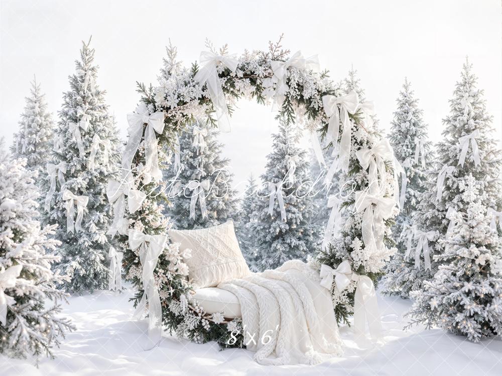 Kate Christmas Flower Arch Snowy Pine Trees White Bows Printed Backdrop Designed by Emetselch