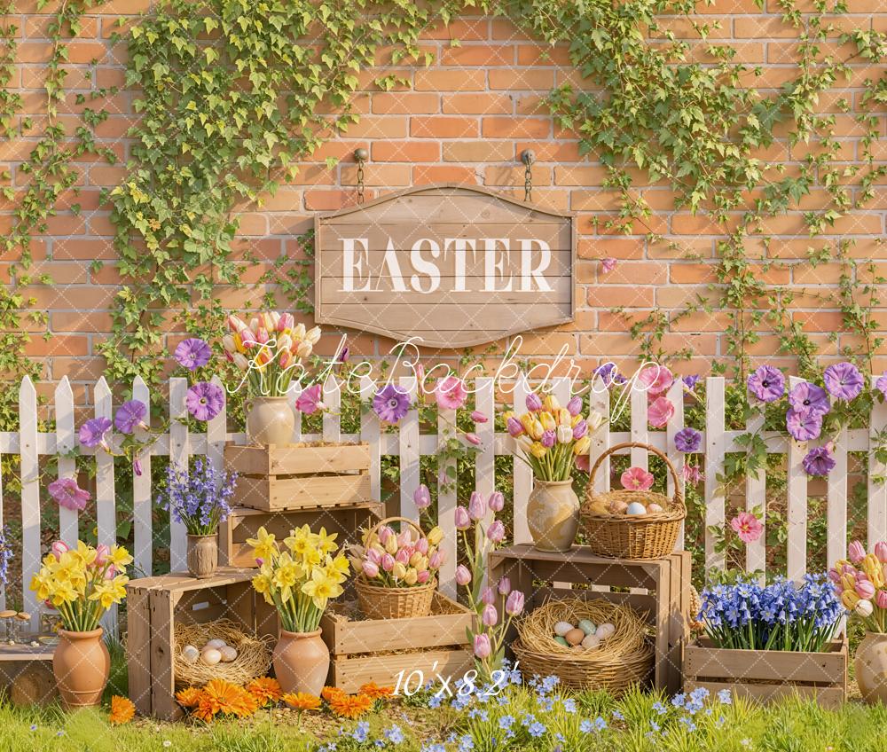 Kate Easter Garden Flowers Eggs White Fence Backdrop Designed by Emetselch