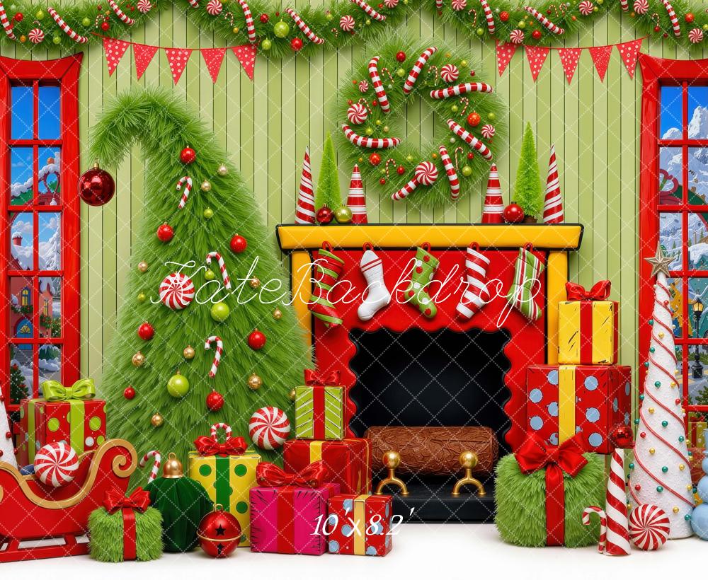 Kate Christmas Fireplace Tree Whoville Presents Candy Cane Printed Backdrop Designed by Mini MakeBelieve