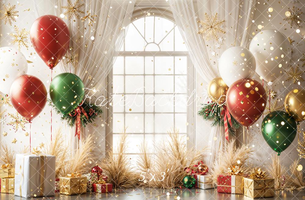 Fondo de Ventana Arqueada Navideña Rojo Verde con Globos y Regalos diseñado por Emetselch