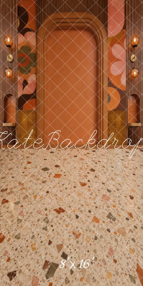 Kate Sweep Retro Seventies Orange Terrazzo Floral Arch Printed Backdrop Designed by Vertigo Productions