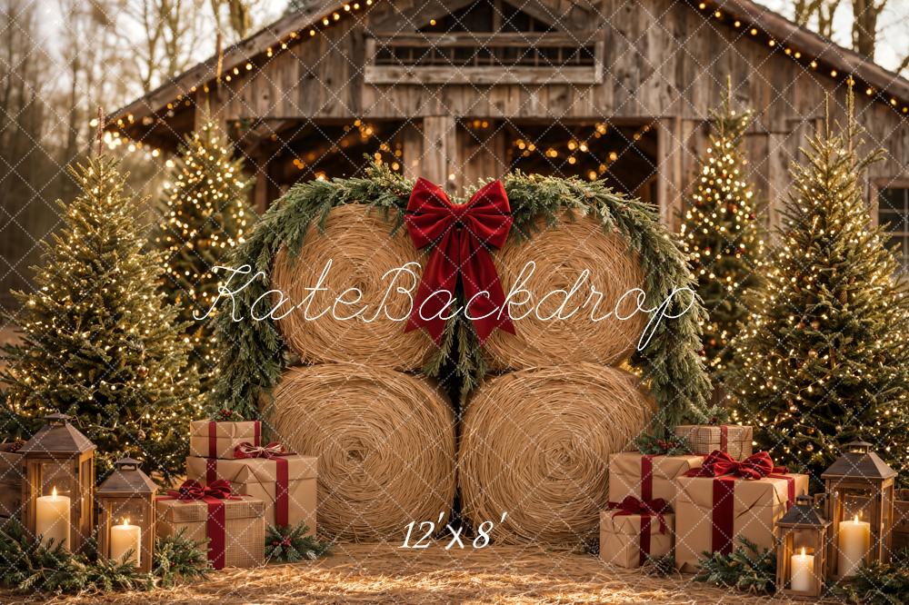 Kate Christmas Hay Bales Rustic Barn Pine Trees Gifts Printed Backdrop Designed by Emetselch
