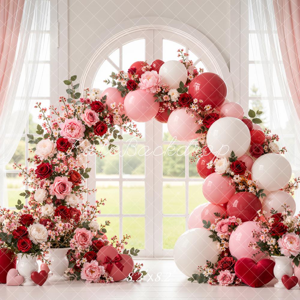 Kate Valentine's Day Floral Balloon Arch Window Curtains Roses Printed Backdrop Designed by Emetselch