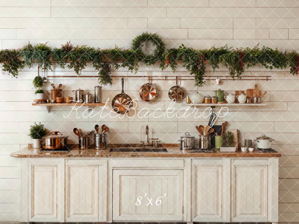 Kate Christmas Kitchen White Cabinets Cookware Backdrop Designed by Emetselch
