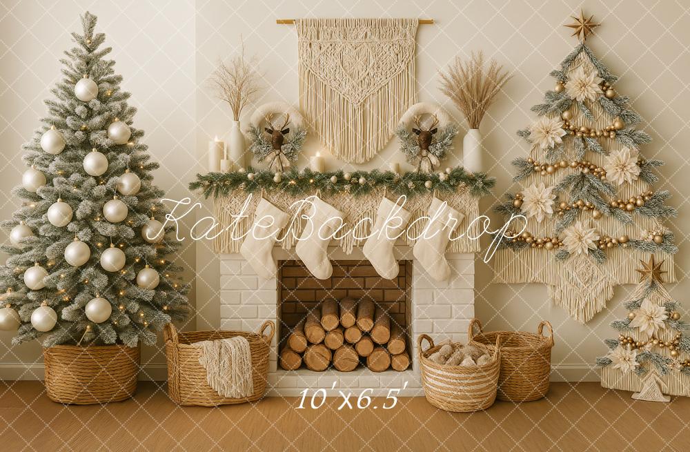 Kate Christmas Boho Neutral Fireplace Macrame Trees Backdrop Designed by Ashley Paul