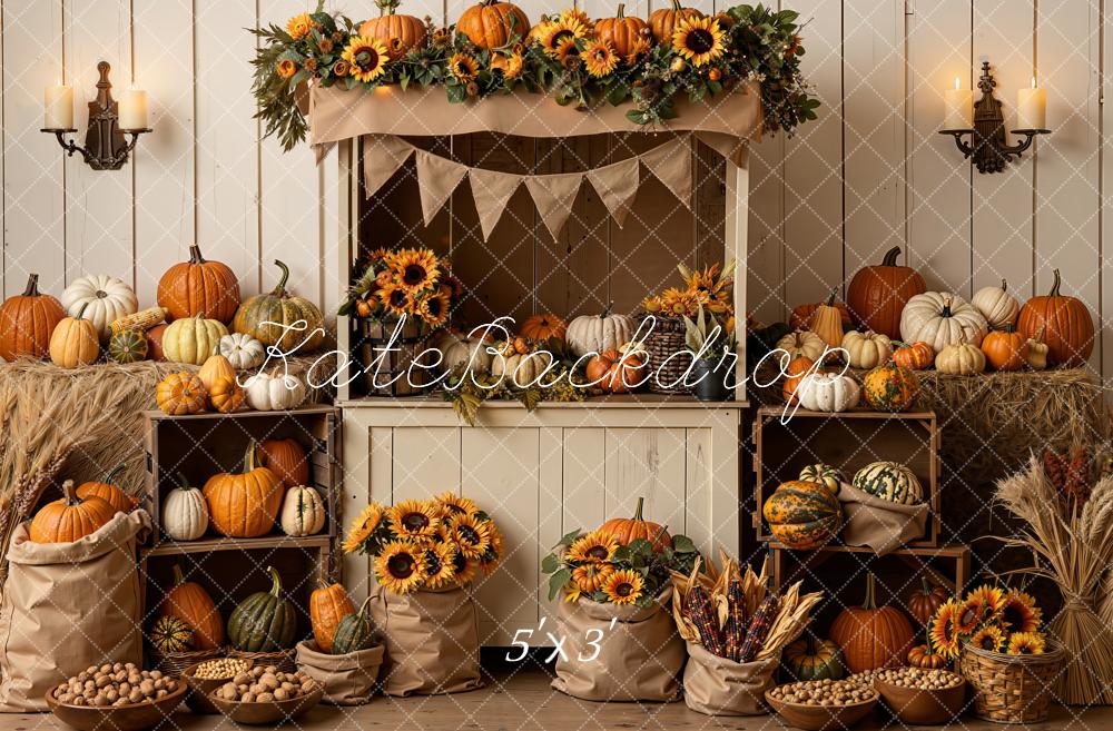 Kate Fall Pumpkin Sunflower Market Stand Printed Backdrop Designed by Emetselch