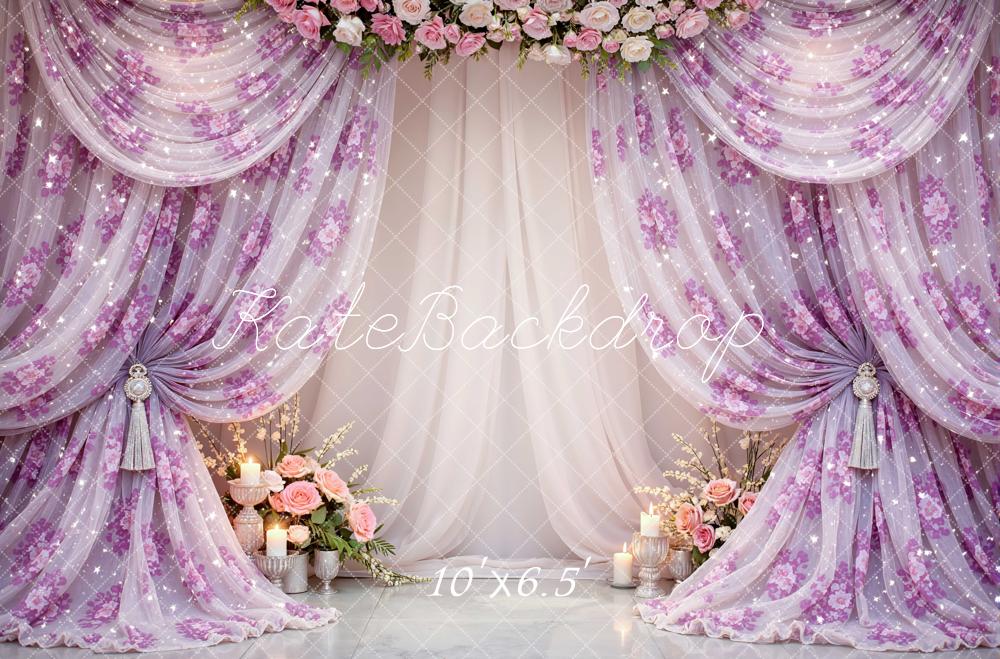 Kate Mother's Day Pink Floral Drapes Flower Arch Candles Printed Backdrop Designed by Mini MakeBelieve