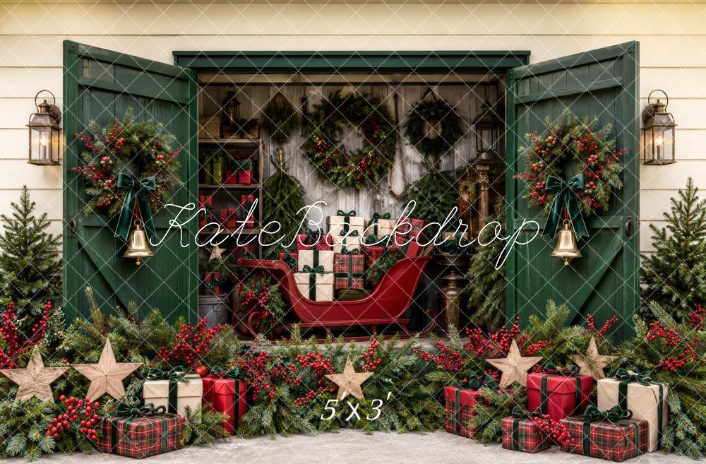 Kate Christmas Green Door Sleigh Wreath Gift Display Printed Backdrop Designed by Patty Roberts