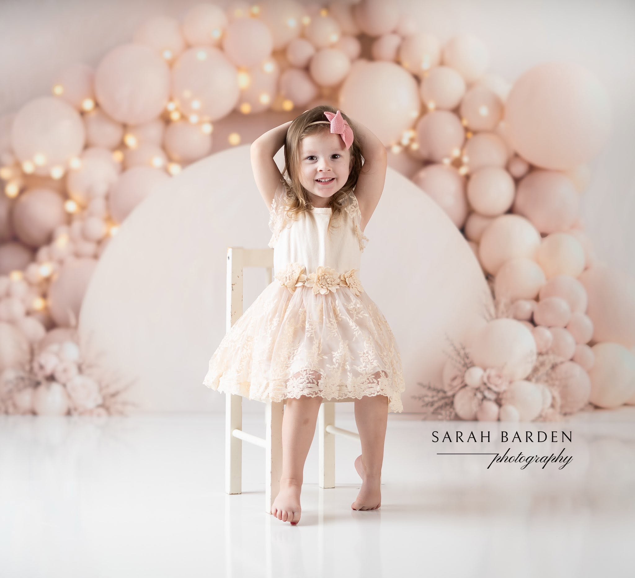 Kate Cake Smash Neutral Balloon Garland with Flowers and Lights Printed Backdrop Designed by Emetselch