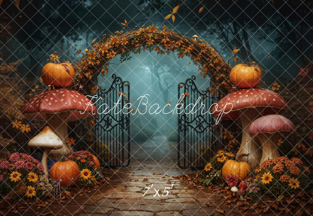 Halloween Mushroom Arch Pumpkins Gate Flowers Printed Backdrop Designed by Emetselch