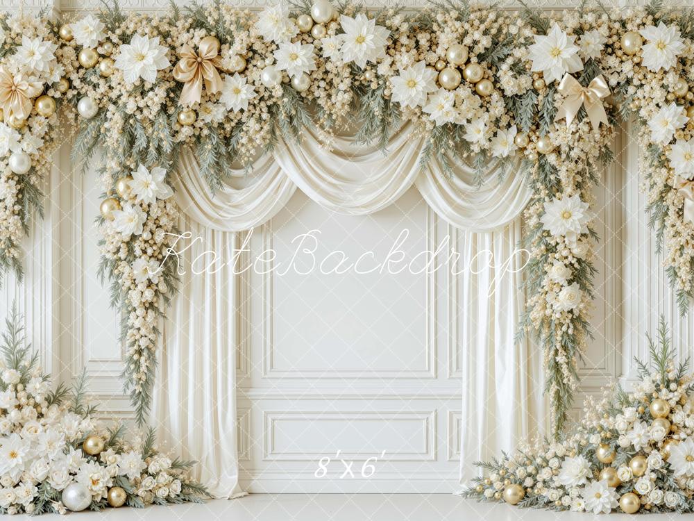 Kate Christmas White Gold Flower Arch Drapes Printed Backdrop Designed by Mini MakeBelieve