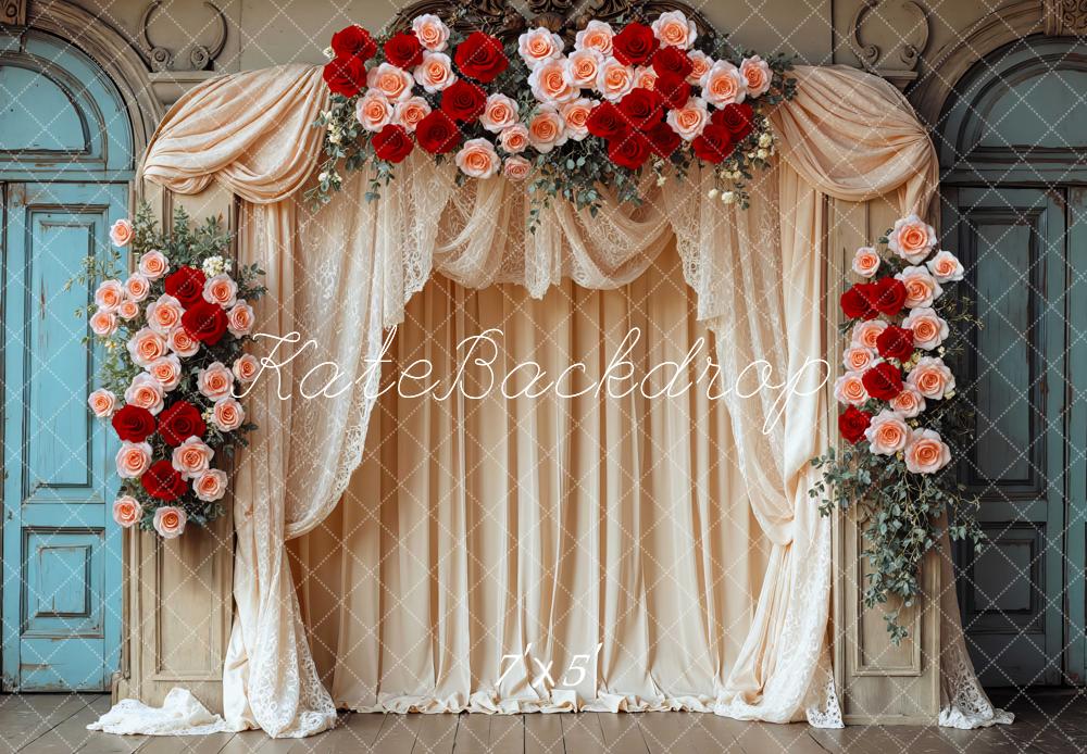 Kate Valentines Flower Arch Beige Drapes Red Roses Backdrop Designed by Mini MakeBelieve