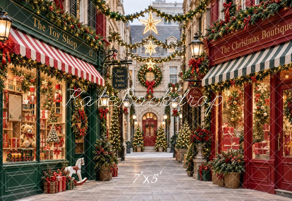 Kate Christmas Toy Shop Street Garland Star Lights Red GreenPrinted Backdrop Designed by Patty Roberts