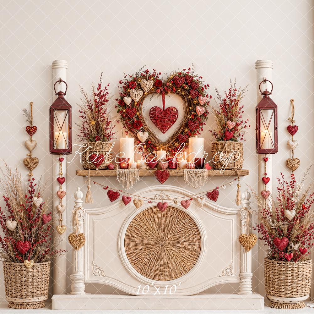 Kate Valentine's Day Headboard Heart Wreath Lanterns Mantel Flowers Printed Backdrop Designed by Emetselch