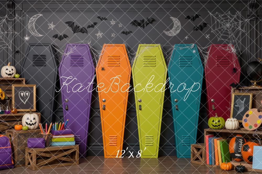 Kate Halloween Colorful Coffin Lockers School Pumpkins Printed Backdrop Designed by Mini MakeBelieve