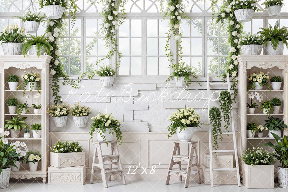 Kate Spring White Garden Flower Arch Shelves Printed Backdrop Designed by Mini MakeBelieve