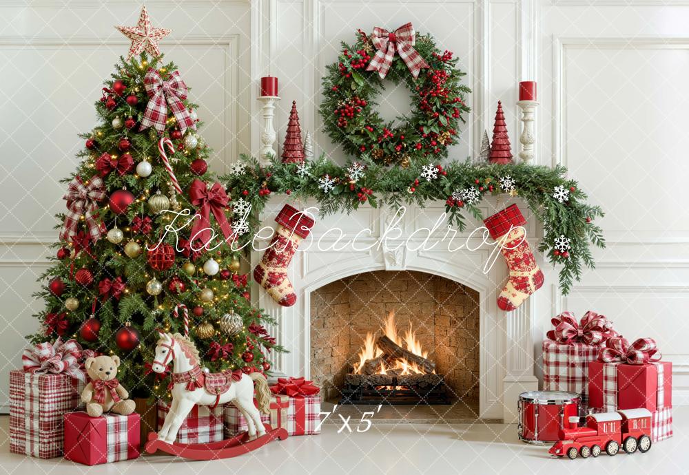 Kate Christmas Fireplace Red Plaid Tree Wreath Gifts Snowflakes Printed Backdrop Designed by Mini MakeBelieve