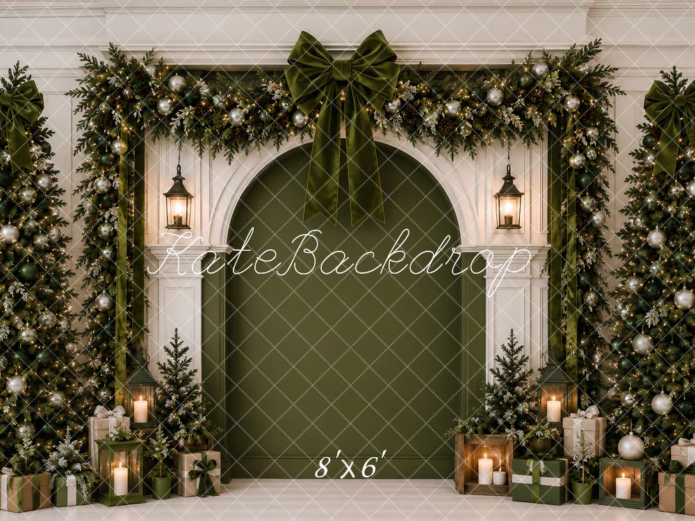 Kate Christmas Green Garland Arched Wall Bows Tree Printed Backdrop Designed by Ashley Paul