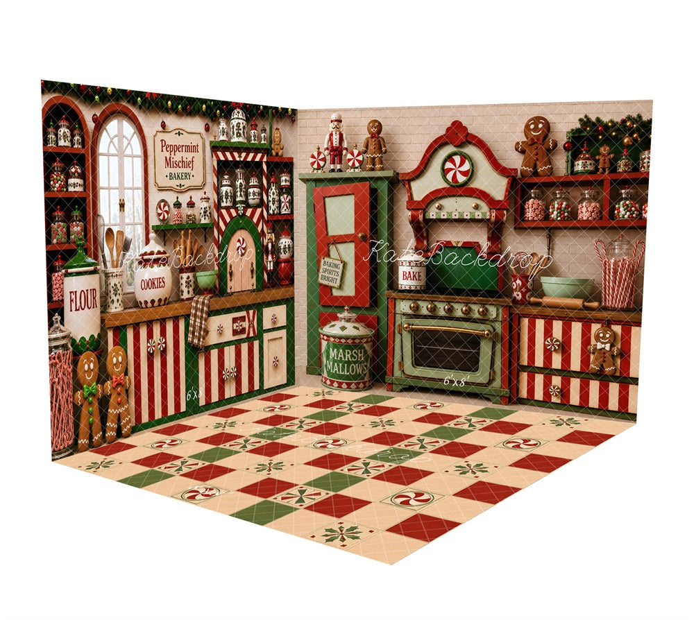 Kate Christmas Kitchen Baking Candy Cane Cabinet Oven Striped Printed Backdrop Room Set