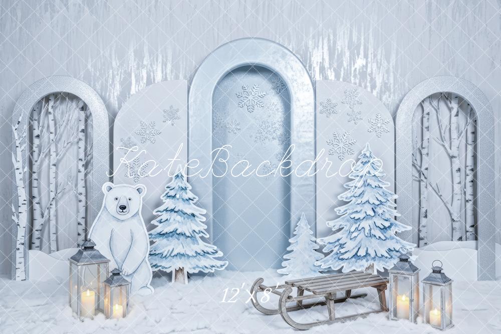 Kate Winter Cake Smash Polar Bear Snowy Trees Sled Printed Backdrop Designed by Patty Roberts