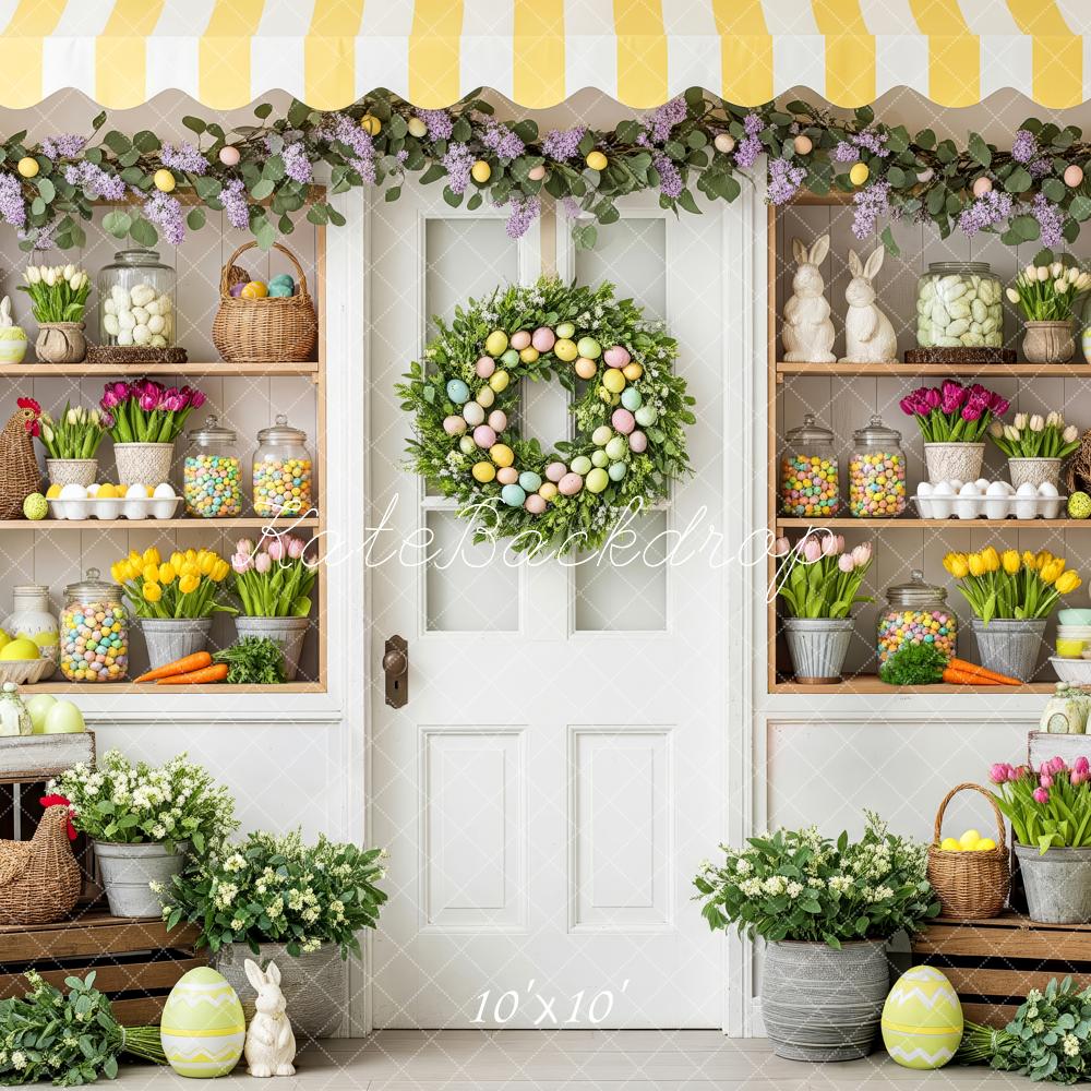 Kate Easter Bunny Flower Arch Candy Shelves Printed Backdrop Designed by Patty Roberts