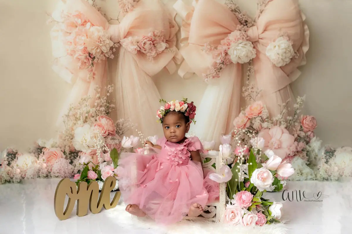 Kate Wedding Peach Floral Bow Backdrop Designed by Emetselch