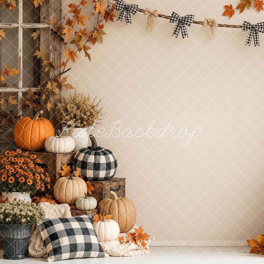 Kate Fall Beige Pumpkin Rustic Plaid Garland Printed Backdrop Designed by Shutter Swan Studios