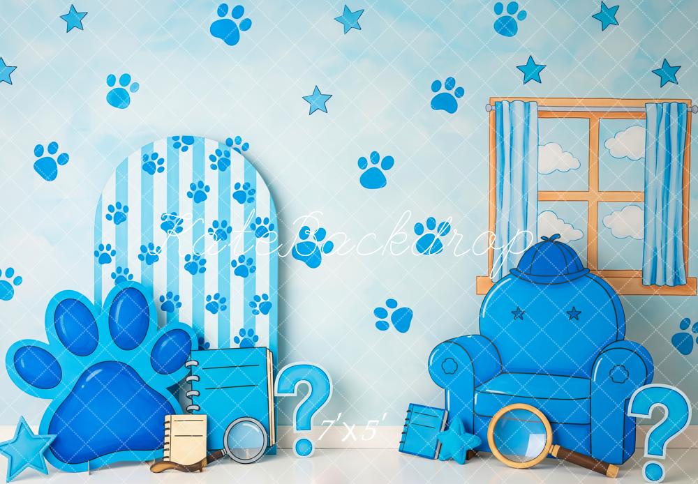 Kate Cake Smash Blue Paw Print Stars Chair Window Printed Backdrop Designed by Patty Roberts