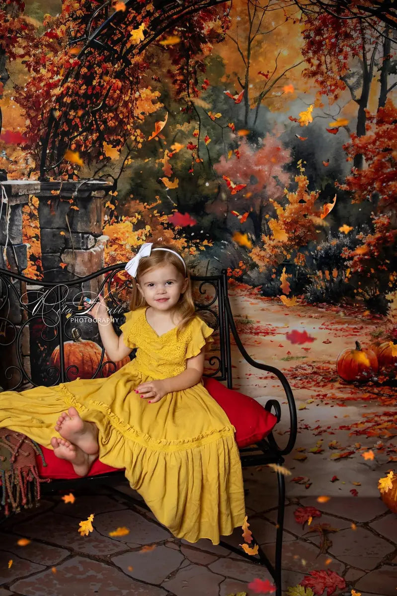 Kate Autumn Pumpkin Forest Retro Red Maple Leaves Arch Gate Backdrop Designed by GQ