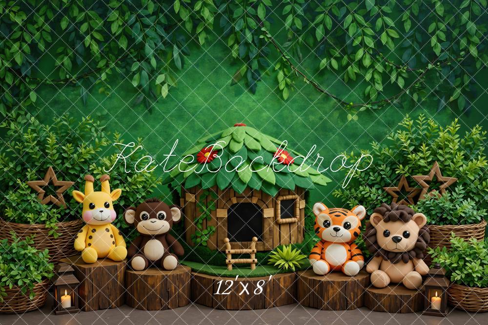 Kate Jungle Animals Hut Tree Stumps Greenery Printed Backdrop Designed by Mini MakeBelieve
