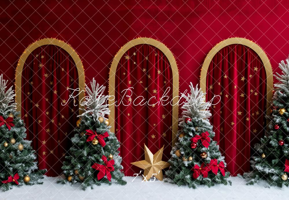 Kate Christmas Red Gold Arch Snowy Trees Bow Backdrop Designed by Patty Roberts
