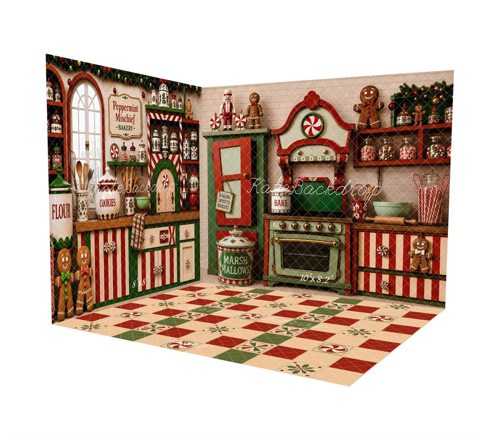 Kate Christmas Kitchen Baking Candy Cane Cabinet Oven Striped Printed Backdrop Room Set