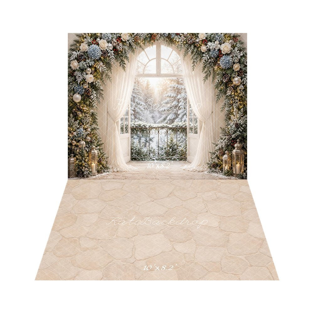 Kate Christmas Snowy Flower Arched Window Curtains Lanterns Printed Backdrop+Beige Cobblestone Abstract Texture Printed Backdrop