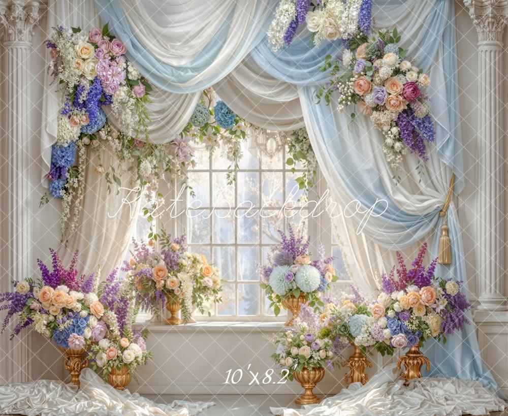 Kate Summer Flower Arch Blue Drapes Window Columns Printed Backdrop Designed by Emetselch
