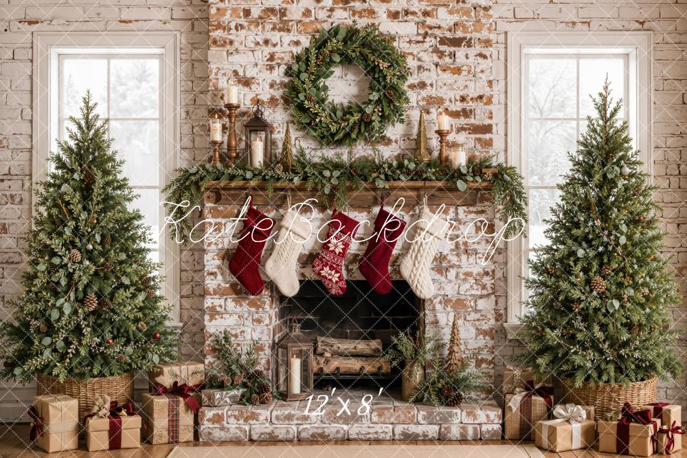 Kate Christmas Distressed Brick Fireplace Christmas Trees Wreath Printed Backdrop Designed by Emetselch