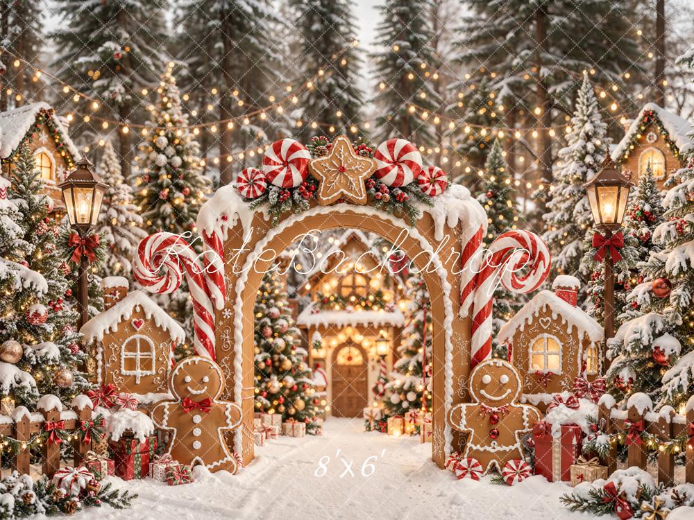 Kate Christmas Gingerbread Arch Candy Cane House Printed Backdrop Designed by Emetselch