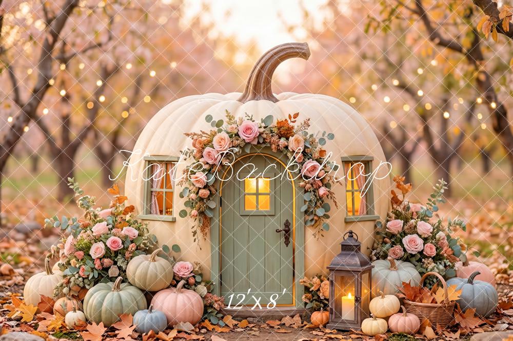 Kate Fall Pumpkin House Flowers Lantern Printed Backdrop Designed by Patty Roberts
