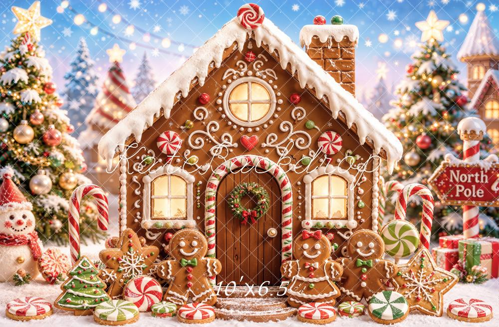 Kate Christmas Gingerbread House Candy Cane Snowman Printed Backdrop Designed by Chain Photography