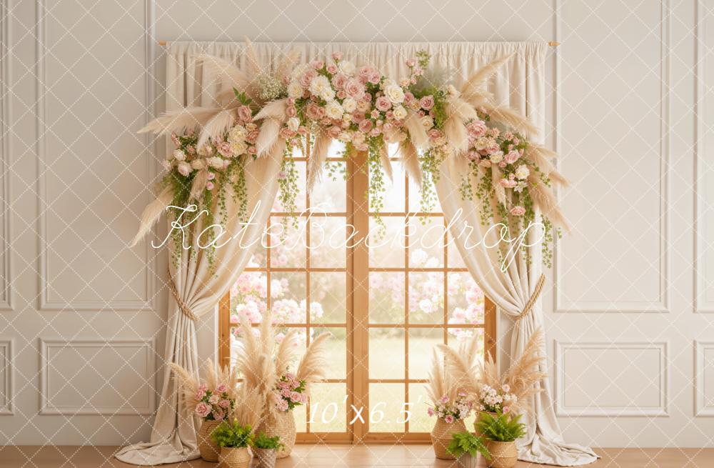 Kate Spring Flower Arch Window Curtains Pampas Grass Backdrop Designed by Emetselch