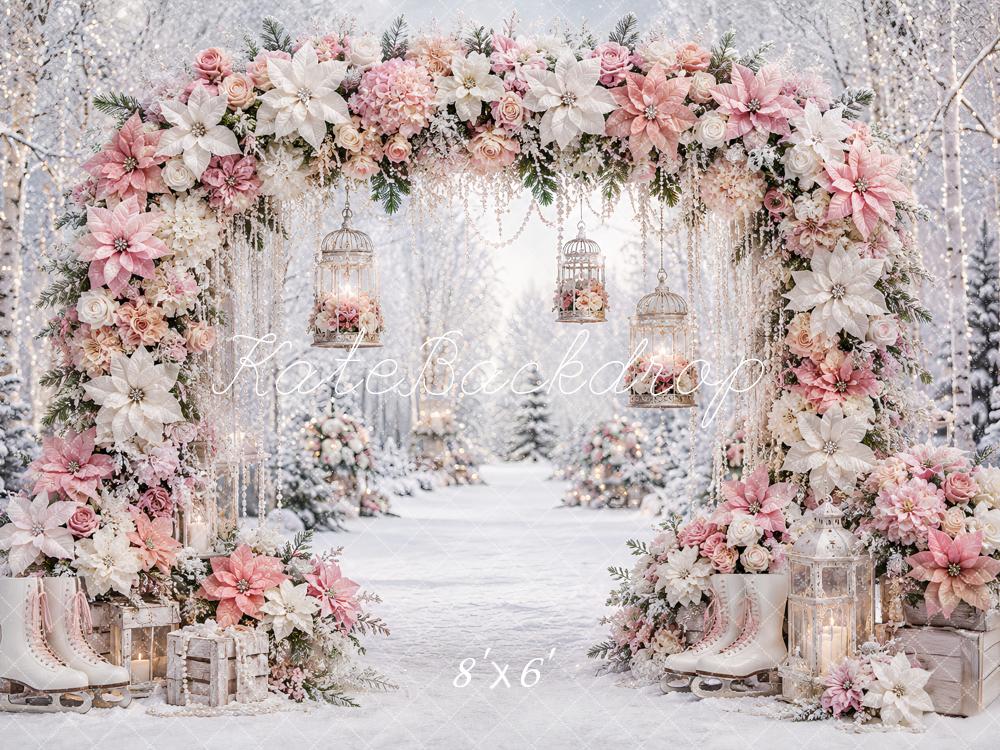Kate Christmas Winter Pink Poinsettias Flower Arch Ice Skates Printed Backdrop Designed by Ashley Paul